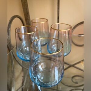 Vietri Rainbow Turquoise Stemless Wine Glass, set of 4 Gold Rim NWOT
